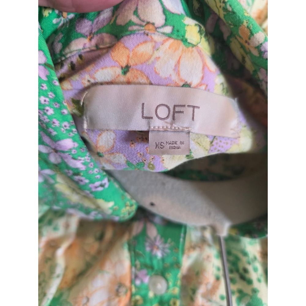 LOFT Mixed Floral Midi Shirt Dress Green Purple Viscose Long Sleeve XS SP24 - Picture 3 of 10